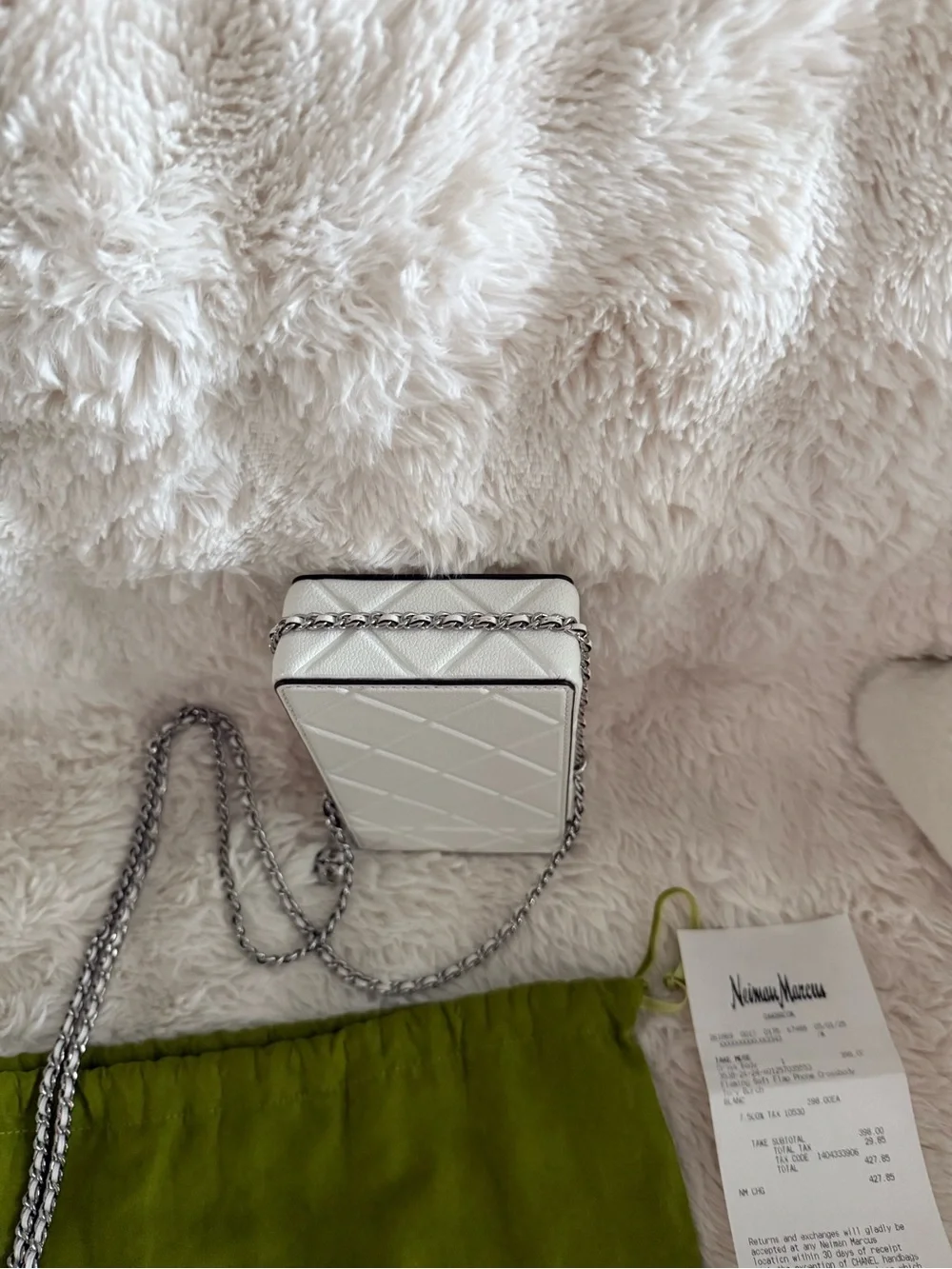 Tory Burch White Quilted Phone Crossbody with Silver Chain
